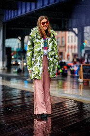 black shoes, down jacket, floral, flowers, graphic jacket, hood, leather shoes, pink pants, printed jacket, sunglasses, trousers, street style, jonathan paciullo, FW, frenchystyle, fashion week, NYFW, NEW YORK, AUTUMN WINTER 2018-2019, AW 18-19, FALL WINTER 2018-2019, FW 18-19, vertical, full length