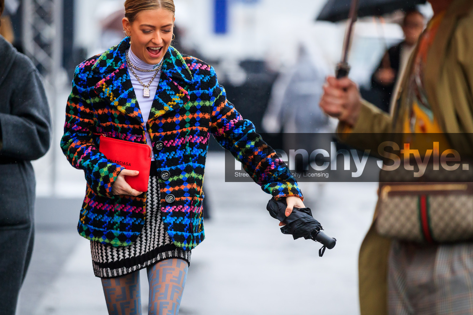 balenciaga, black and white, checked, fendi, graphic jacket, graphic skirt, leather bag, multicolor jacket, necklace, plaid, printed jacket, printed skirt, red bag, tights, turtleneck sweater, white sweater, street style, jonathan paciullo, FW, frenchystyle, fashion week, PFW, PARIS, AUTUMN WINTER 2018-2019, FALL WINTER 2018-2019, FW 18-19, horizontal, atmosphere details, emili sindlev
