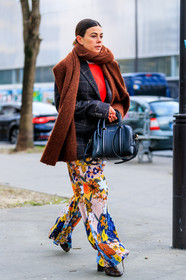 black bag, blazer, brown boots, brown scarf, checked, floral, flowers, givenchy, graphic jacket, graphic pants, high heels, leather bag, leather shoes, louis vuitton, monogram, multicolor pants, plaid, printed jacket, printed pants, red sweater, trousers, fashion week, frenchystyle, FW, jonathan paciullo, street style, PFW, PARIS, AUTUMN WINTER 2018-2019, FALL WINTER 2018-2019, FW 18-19, vertical, full length