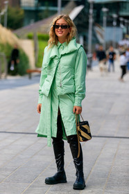 emili sindlev, light green dress, light green jacket, light green total look, sleeveless down jacket, button dress, long sleeves dress, high boots, flat boots, black leather boots, gucci bag, gucci sunglasses, black leather bag, white leather bag, striped bag, bucket bag, chain strap bag, fashion week, frenchystyle, FW, jonathan paciullo, street style, vertical, full length, MFW, MILAN, SPRING SUMMER 2020, SS 20