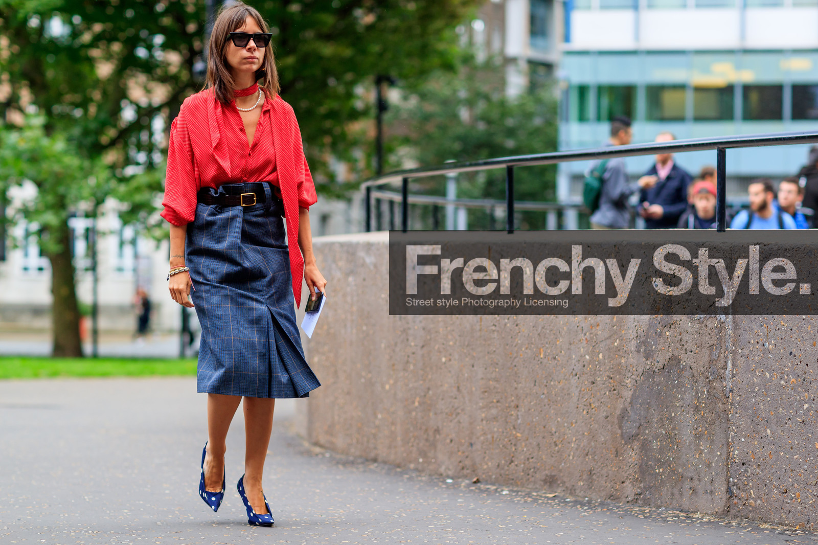 atmosphere details, balenciaga, blue shoes, brown belt, fashion week, frenchystyle, full length, FW, graphic shoes, grey skirt, high heels, horizontal, jonathan paciullo, leather shoes, LFW, LONDON, natasha goldenberg, necklace, pearls, polka dot, printed shoes, red shirt, SPRING SUMMER 2018, SS 18, street style