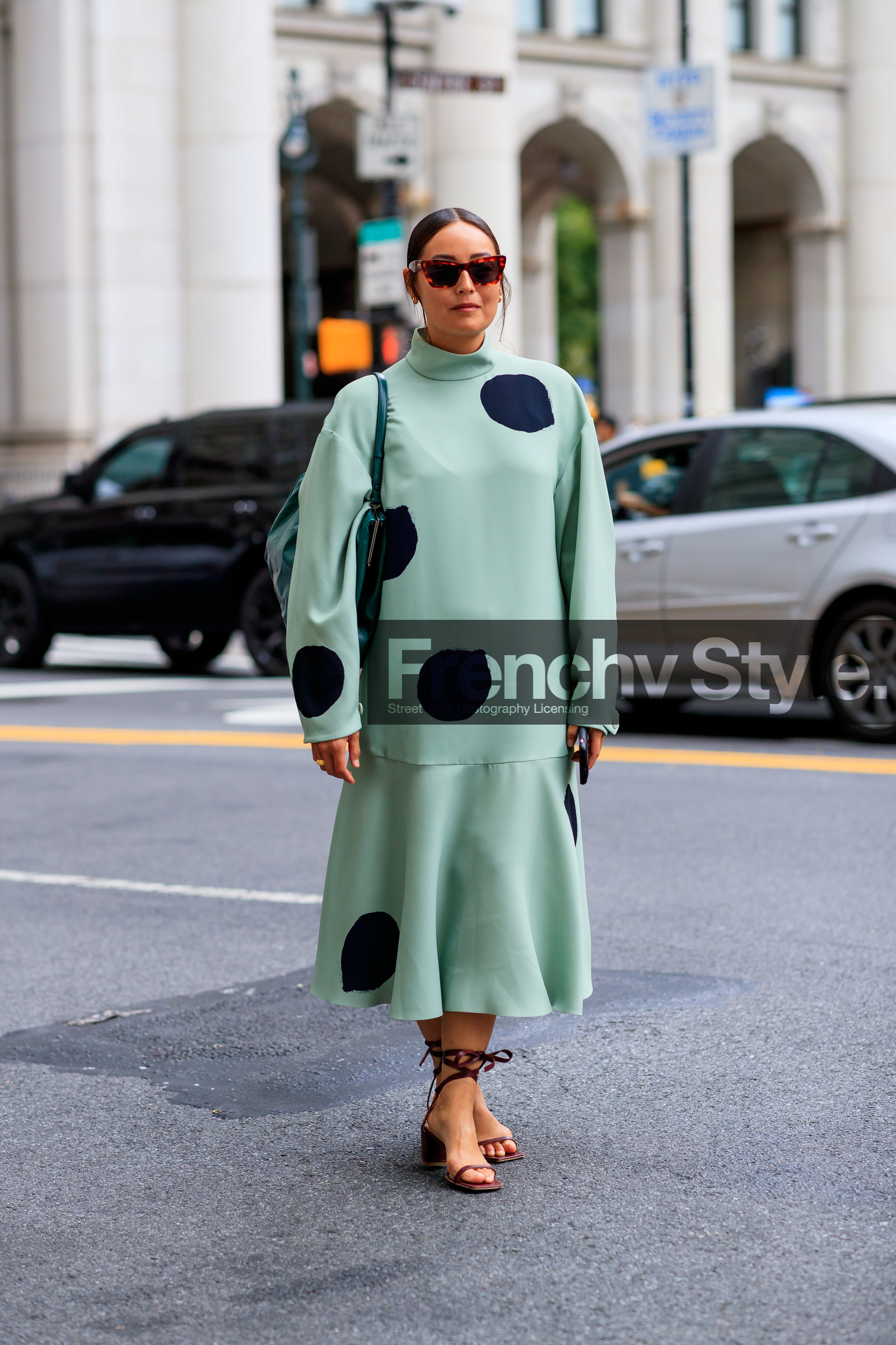 brown sandals, graphic dress, green dress, high heels, leather shoes, luping wang, polka dot, printed dress, rachael wang, sunglasses, street style, jonathan paciullo, FW, frenchystyle, fashion week, NEW YORK, NYFW, SPRING SUMMER 2020, SS 20, vertical, full length