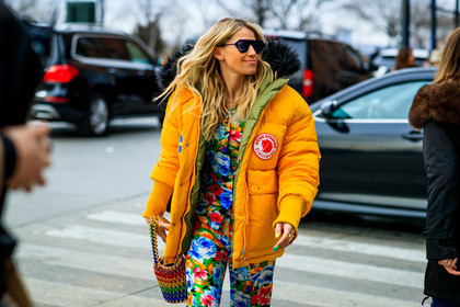 acne studios, down jacket, floral, flowers, graphic bag, graphic pants, leather bag, multicolor bag, multicolor pants, multicolor shirt, orange jacket, printed bag, printed pants, striped bag, sunglasses, trousers, street style, jonathan paciullo, frenchystyle, NYFW, NEW YORK, AUTUMN WINTER 2019-2020, AW 19-20, FALL WINTER 2019-2020, FW 19-20, FW, fashion week, atmosphere details, horizontal, detail