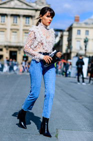 black bag, black belt, black boots, blue denim, denim pants, Evangelie Smyrniotaki, fashion week, frenchystyle, full length, FW, high heels, jeans, jonathan paciullo, lace top, leather bag, leather shoes, PARIS, PFW, SPRING SUMMER 2017, SS 17, street style, trousers, vertical, white top