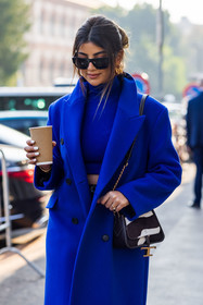 bicolor bag, black sunglasses, blue coat, blue turtleneck, coat, color, color block, electric blue, leather bag, Ola Farahat, printed bag, sunglasses, tods bag, wool coat, zebra print, fashion week, frenchystyle, FW, jonathan paciullo, street style, MFW, MILAN, SPRING SUMMER 2022, SS 22, vertical, atmosphere details, detail