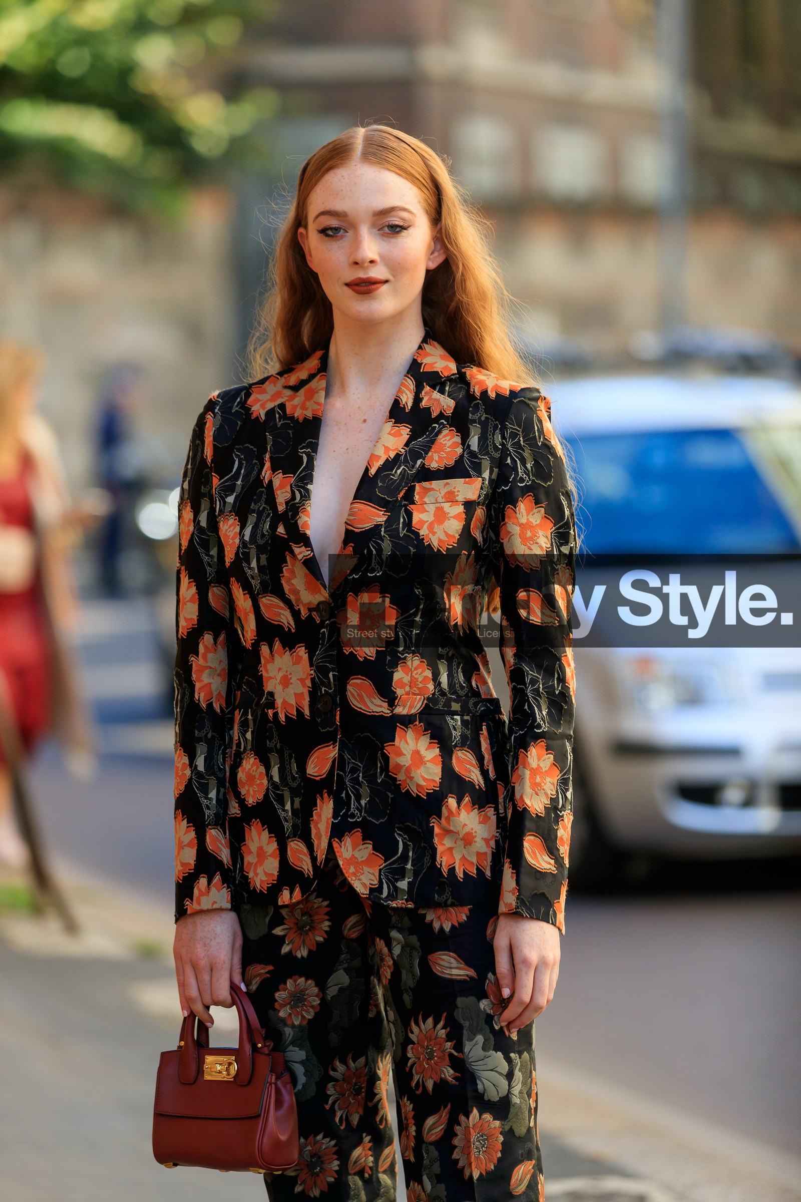 larsen thompson, ferragamo bag, hand bag, mini bag, brown leather bag, floral print jacket, floral printed pants, floral printed suits, black suits, black jacket, black pants, fashion week, frenchystyle, FW, jonathan paciullo, street style, vertical, atmosphere details, detail, MFW, MILAN, SPRING SUMMER 2020, SS 20