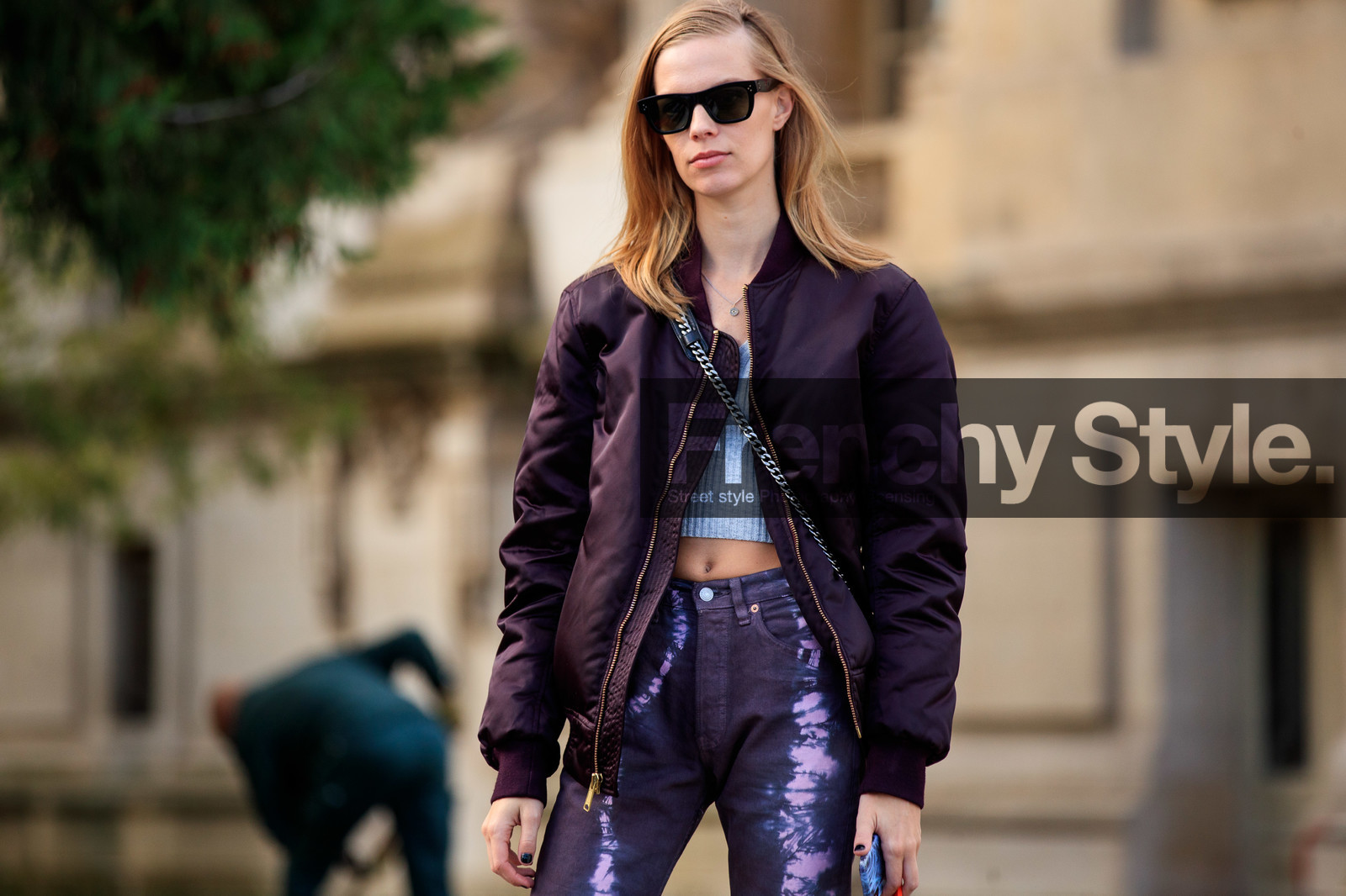 lexi boling, burgundy bombers, burgundy jeans, tie and dye jeans, purple bombers, purple jeans, black sunglasses, celine sunglasses, cropped top, satin bombers, PARIS, PFW, fashion week, frenchystyle, FW, jonathan paciullo, street style, SPRING SUMMER 2021, SS 21, horizontal, atmosphere details, detail, model