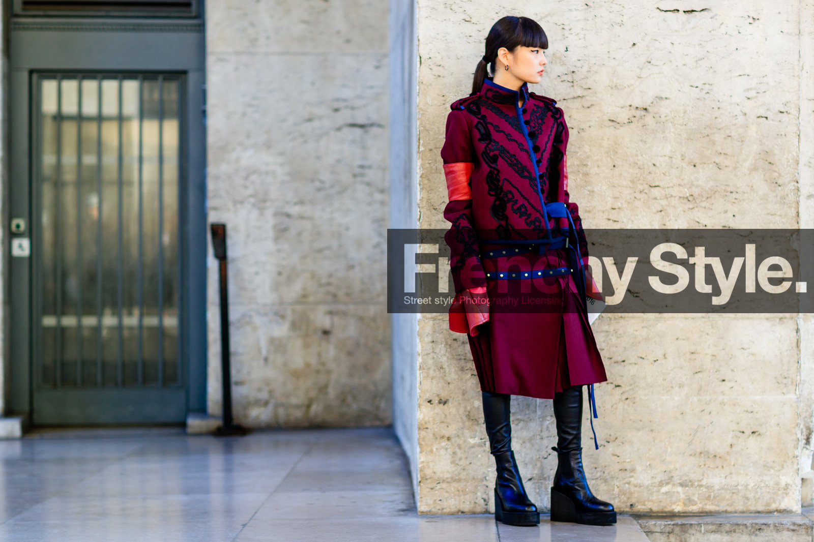 atmosphere details, black boots, bordeaux, burgundy, embroidered jacket, embroideries, fashion week, frenchystyle, full length, FW, high boots, horizontal, jonathan paciullo, kozue akimoto, leather shoes, PARIS, PFW, red jacket, red skirt, sacai, SPRING SUMMER 2017, SS 17, street style