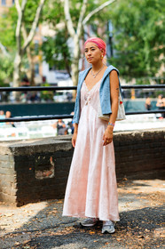 blue sweater, dyed hair, earrings, floral, flowers, grey sneakers, leather bag, leather shoes, necklace, new balance, pink dress, pink hair, silk dress, white bag, street style, jonathan paciullo, FW, frenchystyle, fashion week, NEW YORK, NYFW, SPRING SUMMER 2020, SS 20, vertical, full length