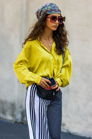 beltbag, bicolor pants, black and white, black bag, color, fluid pants, headscarf, large pants, printed pants, printed scarf, puma bag, red sunglasses, scarf, striped pants, stripes, sunglasses, yellow shirt, fashion week, frenchystyle, FW, jonathan paciullo, street style, SPRING SUMMER 2022, SS 22, MFW, MILAN, vertical, atmosphere details
