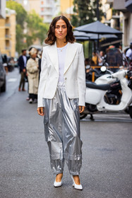 blazer, Erika Boldrin, heels, large pants, leather heels, pants, sliver pants, white blazer, white heels, white t-shirt, fashion week, frenchystyle, FW, jonathan paciullo, street style, MFW, MILAN, SPRING SUMMER 2022, SS 22, vertical, full length