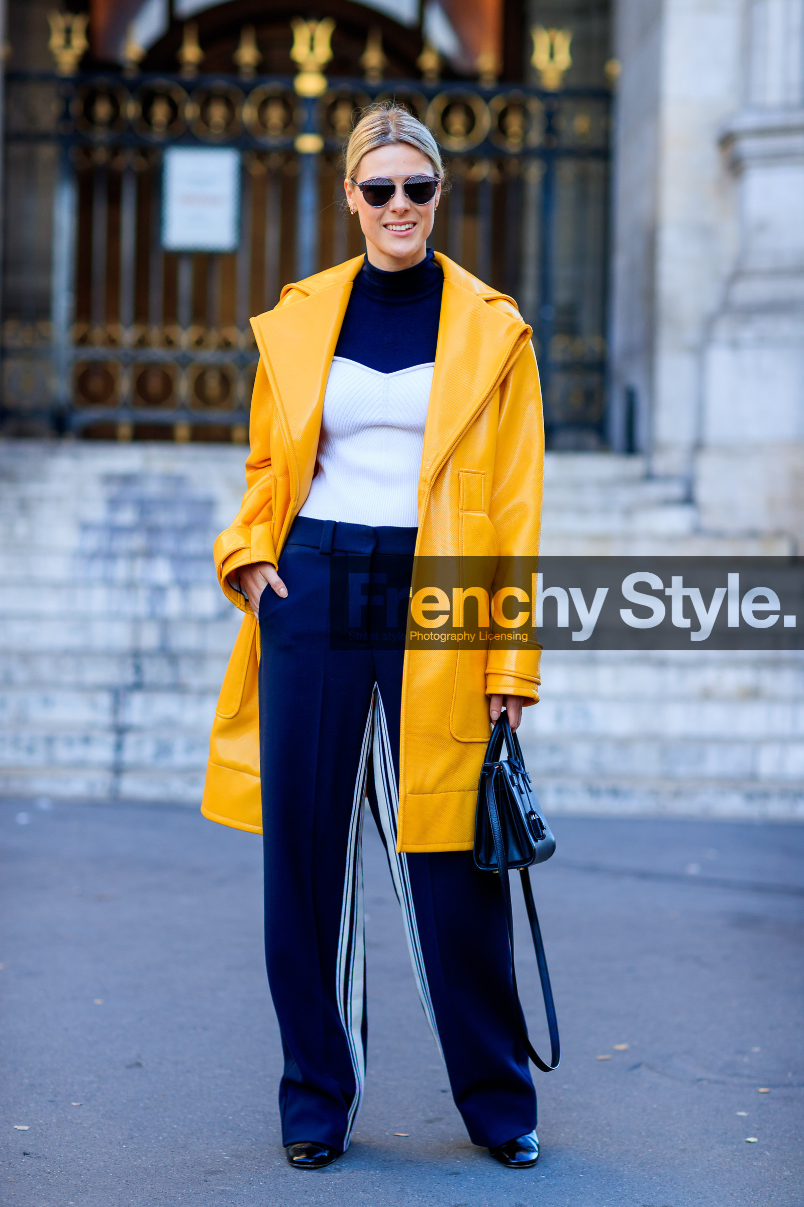 black bag, bustier top, fashion week, frenchystyle, full length, FW, jonathan paciullo, leather bag, navy pants, PARIS, PFW, sofie valkiers, SPRING SUMMER 2017, SS 17, street style, sunglasses, trousers, vertical, white top, yellow coat