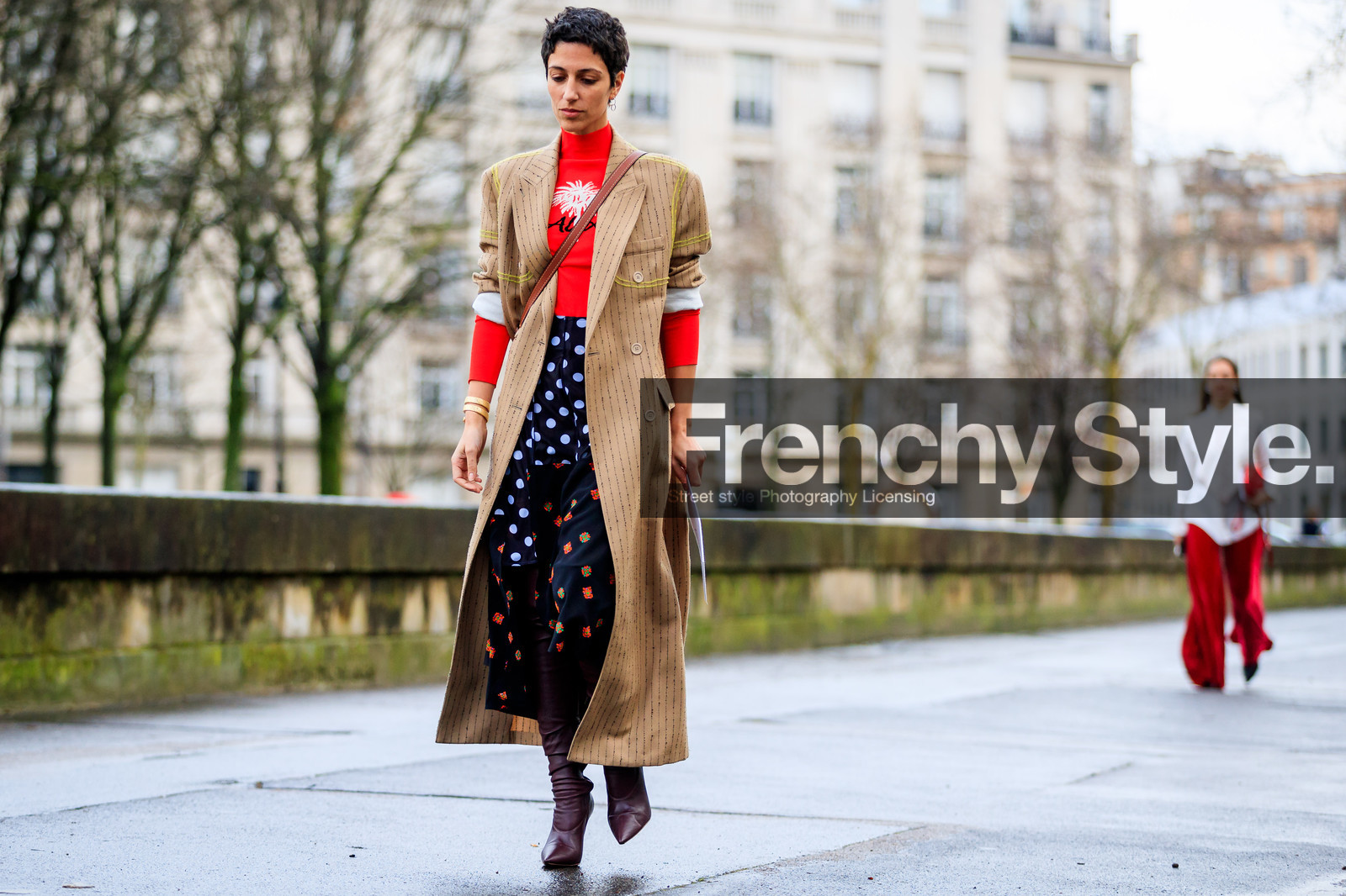 alyx studio, beige coat, blue skirt, bordeaux, burgundy, graphic jacket, graphic skirt, high boots, high heels, leather shoes, polka dot, printed jacket, printed skirt, red boots, red sweater, striped coat, street style, jonathan paciullo, FW, frenchystyle, fashion week, PFW, PARIS, AUTUMN WINTER 2018-2019, FALL WINTER 2018-2019, FW 18-19, horizontal, atmosphere details, full length, yasmin sewell