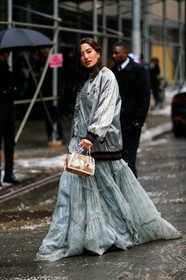 beige bag, bomber jacket, floral, flowers, graphic dress, grey dress, grey jacket, leather bag, printed dress, ruffles, silver jacket, street style, jonathan paciullo, frenchystyle, NYFW, NEW YORK, AUTUMN WINTER 2019-2020, AW 19-20, FALL WINTER 2019-2020, FW 19-20, fashion week, FW, vertical, full length