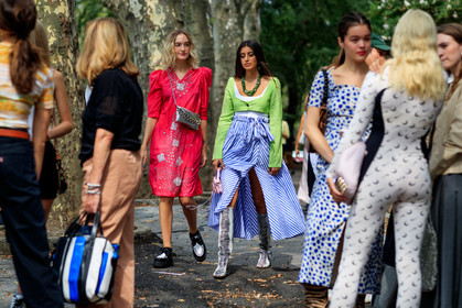black and white shoes, blue skirt, crop top, floral, flowers, graphic dress, graphic skirt, green jacket, high boots, high heels, high waist, leather bag, leather shoes, necklace, pink bag, printed dress, printed skirt, red dress, sequined bag, shiny bag, silver bag, striped skirt, street style, jonathan paciullo, FW, frenchystyle, fashion week, NEW YORK, NYFW, SPRING SUMMER 2020, SS 20, horizontal, atmosphere details, detail