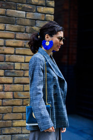 black and white bag, black bag, blazer, checked, earrings, graphic jacket, grey jacket, leather bag, plaid, ponytail, printed jacket, sunglasses, street style, jonathan paciullo, FW, frenchystyle, fashion week, LFW, LONDON, AUTUMN WINTER 2018-2019, AW 18-19, FALL WINTER 2018-2019, FW 18-19, vertical, atmosphere details, detail