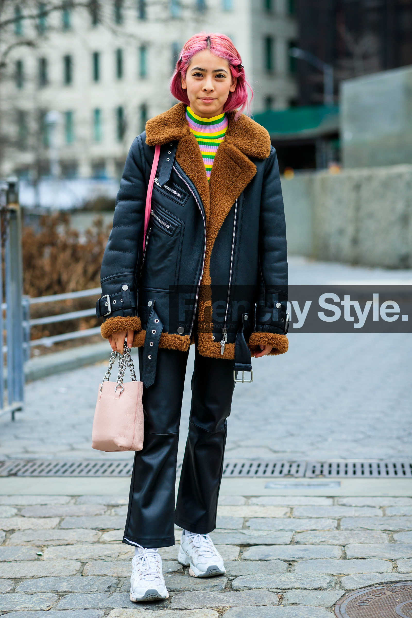 black jacket, black pants, dyed hair, leather bag, leather jacket, leather pants, leather shoes, multicolor sweater, pink bag, pink hair, shearling, striped sweater, trousers, white sneakers, street style, jonathan paciullo, frenchystyle, NYFW, NEW YORK, AUTUMN WINTER 2019-2020, AW 19-20, FALL WINTER 2019-2020, FW 19-20, fashion week, FW, vertical, full length