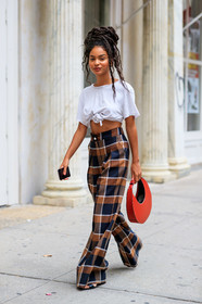 braids, brown pants, checked, crop top, graphic pants, high waist, leather bag, plaid, printed pants, red bag, sharon alexie, tartan, trousers, white t shirt, wide pants, street style, jonathan paciullo, FW, frenchystyle, fashion week, NEW YORK, NYFW, SPRING SUMMER 2020, SS 20, vertical, full length