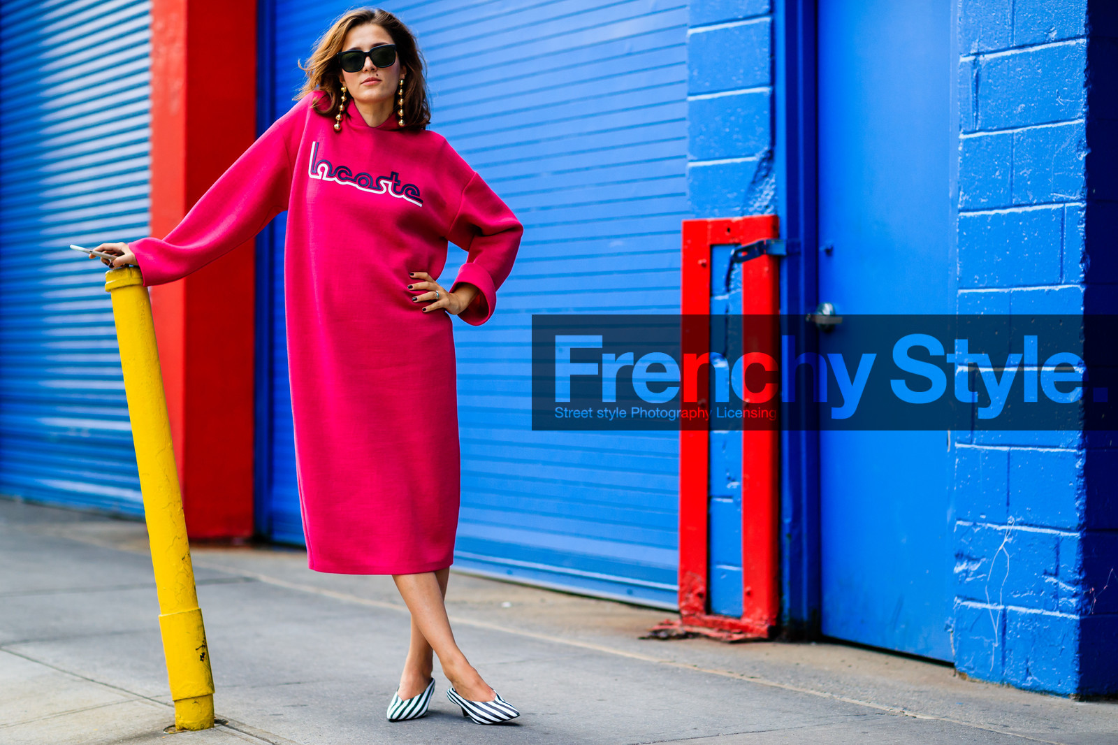atmosphere details, black and white shoes, earrings, eleonora carisi, fashion week, frenchystyle, full length, FW, golden details, hoodie, horizontal, jonathan paciullo, lacoste, leather shoes, NEW YORK, NYFW, red dress, red sweater, SPRING SUMMER 2017, SS 17, street style, striped shoes, sunglasses, sweater dress, woman