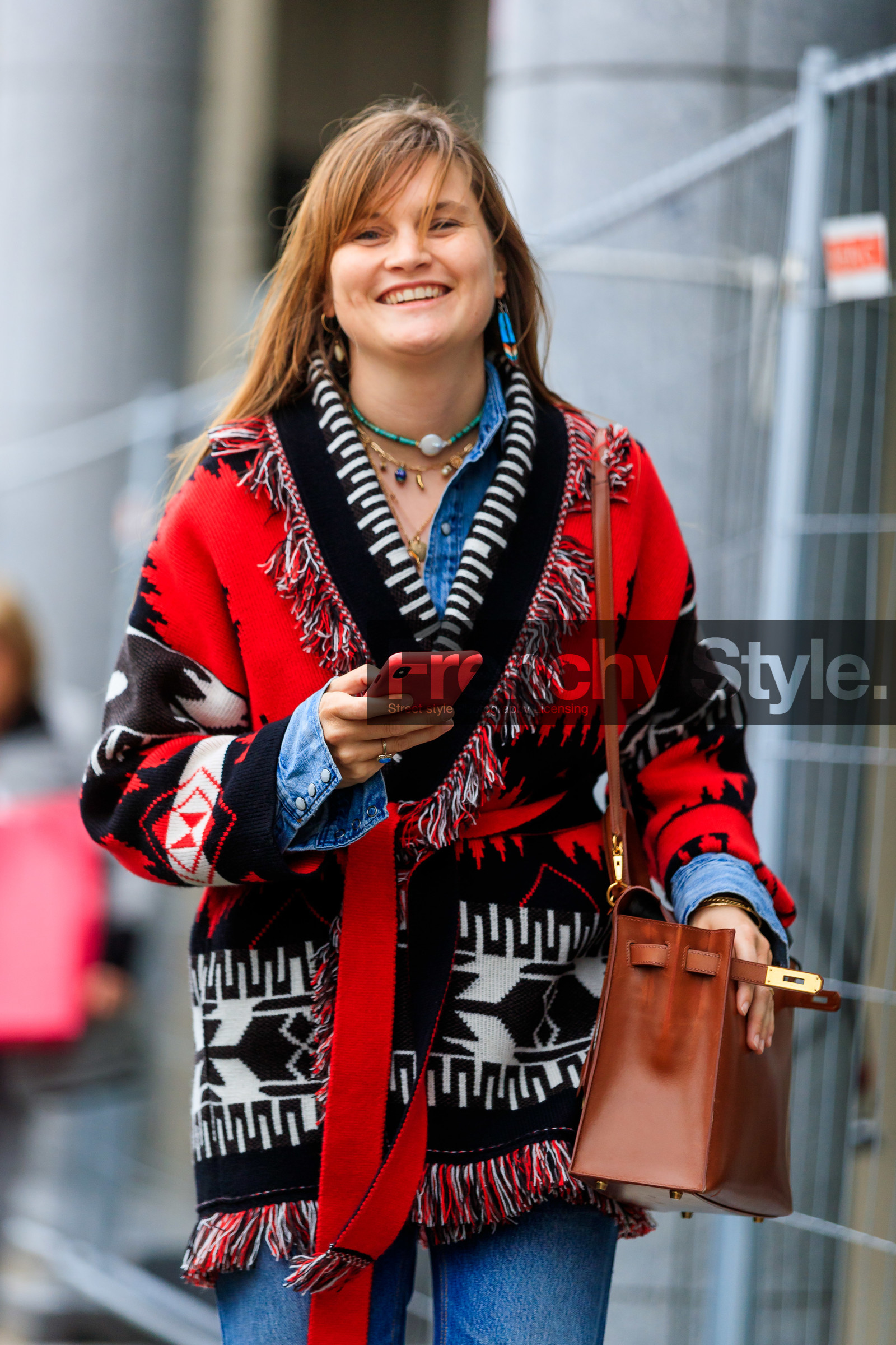 eugenie trochu, hermes bag, brown leather bag, red jacket, woolen jacket, ethnic jacket, fringe jacket, jacquard jacket, belted jacket, denim, denim shirt, lucky charm necklace, fashion week, frenchystyle, FW, jonathan paciullo, street style, SPRING SUMMER 2020, SS 20, PFW, PARIS, vertical, atmosphere details, detail