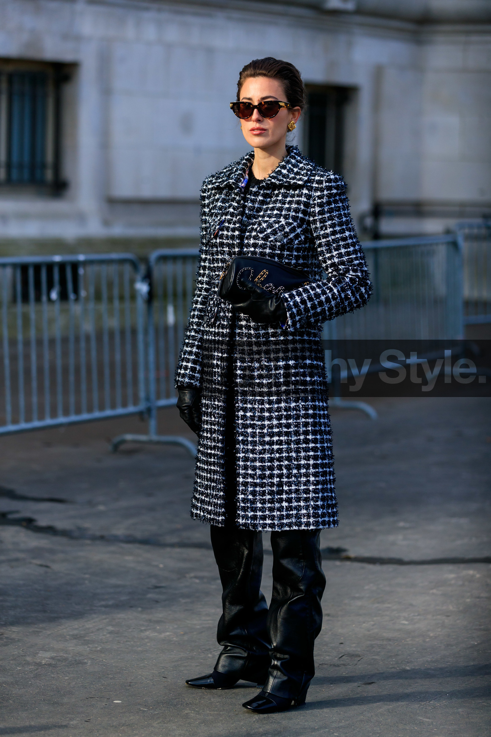 sylvia haghjoo, scale sunglasses, bottega veneta sunglasses, butterfly sunglasses, golden earrings, grey coat, black coat, checked coat, tweed coat, fringe coat, black leather clutch, black leather gloves, black leather pants, black polish boots, logo earrings, square shape earrings, letter embroidered bag, letter embroidered clutch, chanel bag, chanel clutch, chanel coat, chanel earrings, chanel boots, fashion week, frenchystyle, FW, jonathan paciullo, street style, PFW, PARIS, vertical, full length