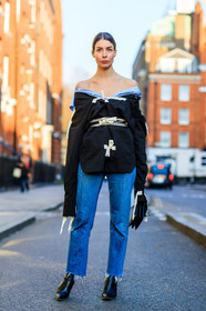 AUTUMN WINTER 2017-2018, AW 17-18, balenciaga, black boots, black shirt, black shoes, blue denim, blue shirt, denim pants, FALL WINTER 2017-2018, fashion week, frenchystyle, full length, FW, FW 17-18, geometric, graphic shirt, high heels, irina lakicevic, jeans, jonathan paciullo, leather shoes, LFW, LONDON, off the shoulder, open back, printed shirt, street style, striped shirt, trousers, vertical, vêtements