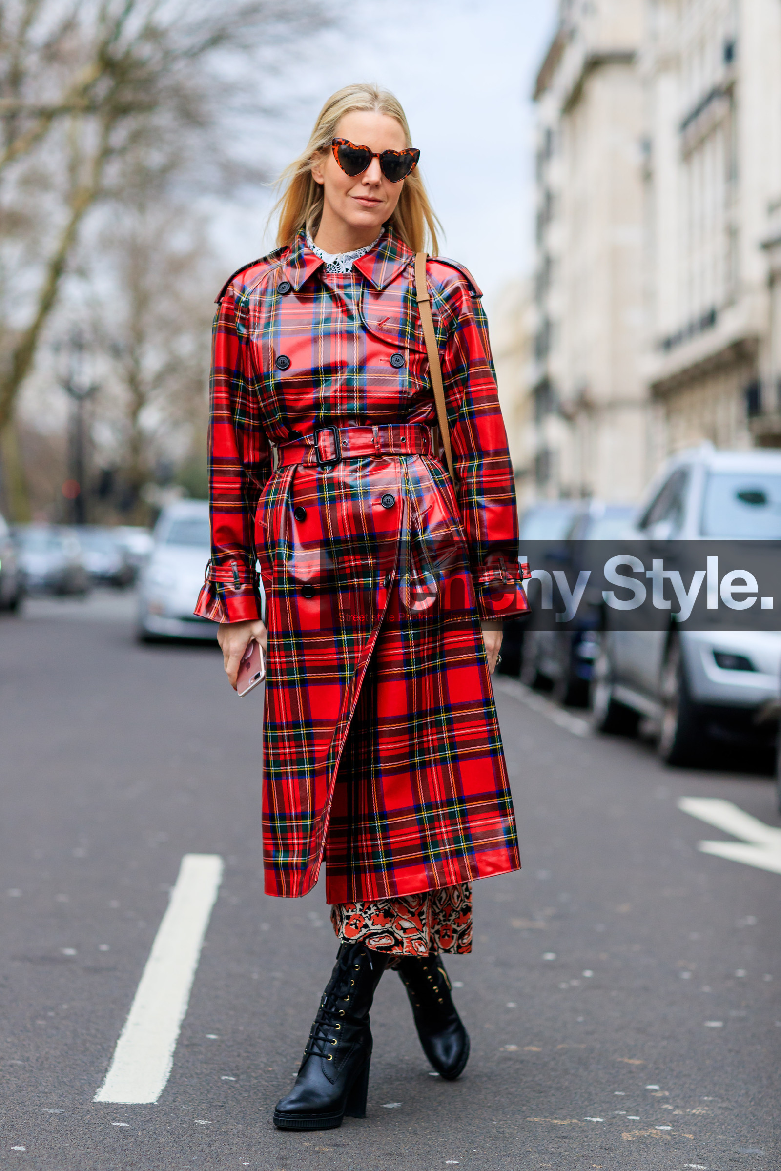 black shoes, checked, graphic jacket, high heels, leather coat, leather shoes, plaid, printed jacket, red coat, sunglasses, tartan, trench coat, street style, jonathan paciullo, FW, frenchystyle, fashion week, LFW, LONDON, AUTUMN WINTER 2018-2019, AW 18-19, FALL WINTER 2018-2019, FW 18-19, vertical, full length