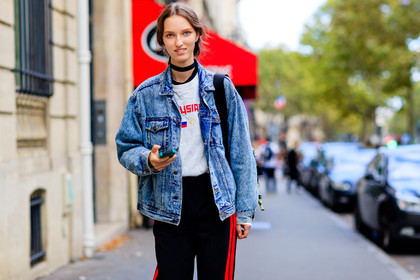 atmosphere details, black pants, blue denim, choker, denim jacket, detail, fashion week, frenchystyle, FW, gosha rubchinskiy, horizontal, jonathan paciullo, liza ostanina, model, necklace, PARIS, PFW, printed t shirt, SPRING SUMMER 2017, SS 17, street style, striped pants, trousers, white t shirt