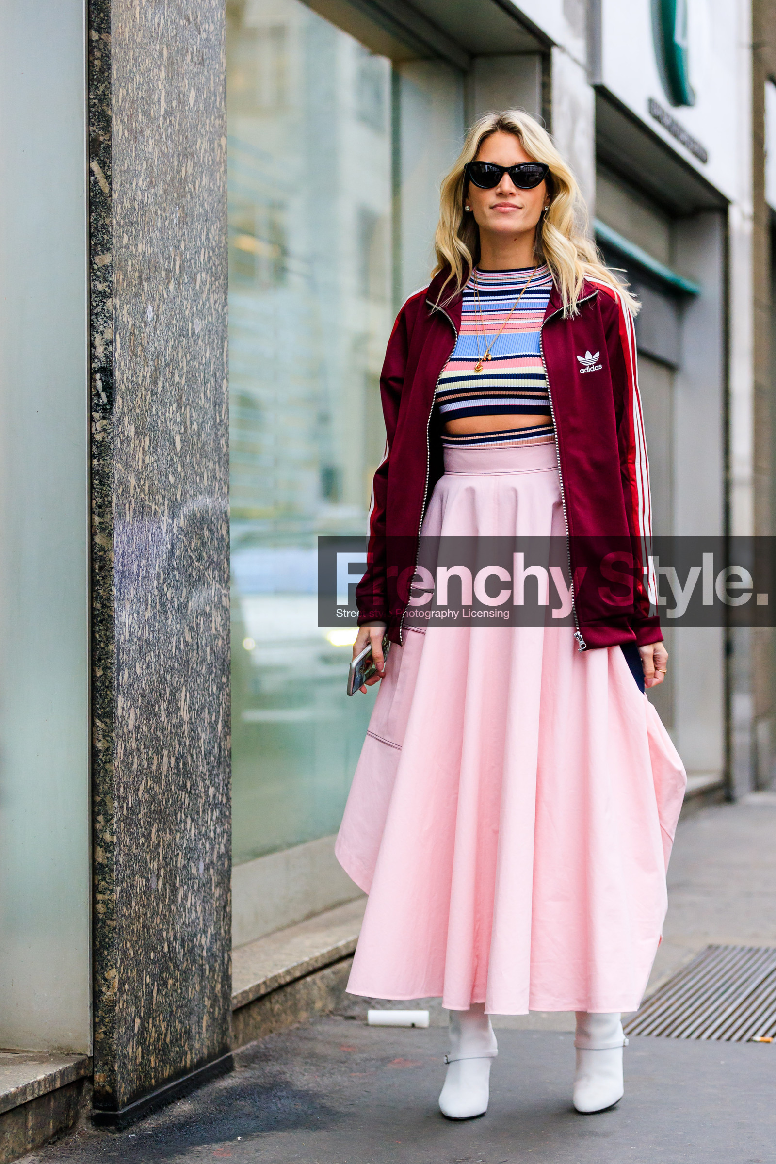 adidas, crop top, graphic jacket, graphic top, high heels, leather shoes, pink skirt, printed jacket, printed top, red jacket, sportswear, striped top, sunglasses, white boots, fashion week, frenchystyle, FW, jonathan paciullo, street style, MFW, MILAN, AUTUMN WINTER 2018-2019, FALL WINTER 2018-2019, FW 18-19, vertical, full length, helena bordon