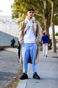 black cap, black sneakers, blue pants, fashion week, frenchystyle, full length, FW, graphic pants, hoodie, jonathan paciullo, leather shoes, PARIS, PFW, printed pants, SPRING SUMMER 2017, SS 17, street style, striped pants, sunglasses, trench coat, trousers, vertical, white sweater