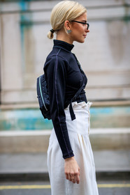 black bag, black top, fanny pack, leather bag, sunglasses, trousers, white pants, wide pants^^^^^, street style, jonathan paciullo, FW, frenchystyle, fashion week, LFW, LONDON, AUTUMN WINTER 2018-2019, AW 18-19, FALL WINTER 2018-2019, FW 18-19, vertical, atmosphere details, detail, caro daur