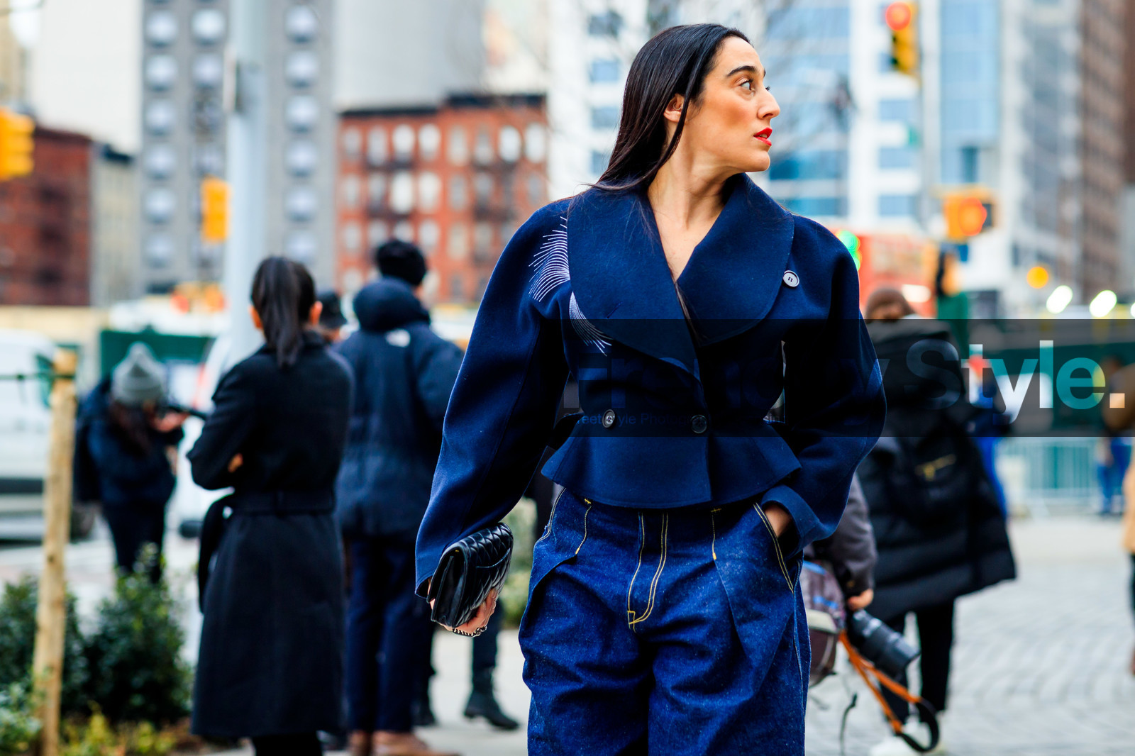 black bag, blue denim, blue jacket, denim pants, embroidered jacket, jeans, leather bag, trousers, street style, jonathan paciullo, frenchystyle, NYFW, NEW YORK, AUTUMN WINTER 2019-2020, AW 19-20, FALL WINTER 2019-2020, FW 19-20, FW, fashion week, atmosphere details, horizontal, detail