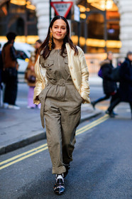 black and white shoes, black shoes, brown jumpsuit, down jacket, high heels, leather shoes, trousers, yellow jacket, fashion week, frenchystyle, FW, jonathan paciullo, street style, LFW, LONDON, AUTUMN WINTER 2018-2019, AW 18-19, FALL WINTER 2018-2019, FW 18-19, vertical, full length, anna rosa vitiello