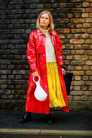 black shoes, blue bag, floral, flowers, graphic skirt, leather bag, leather coat, leather shoes, polka dot, printed skirt, red coat, white bag, white sweater, yellow skirt, street style, jonathan paciullo, FW, frenchystyle, fashion week, LFW, LONDON, AUTUMN WINTER 2018-2019, AW 18-19, FALL WINTER 2018-2019, FW 18-19, vertical, full length, jessie bush