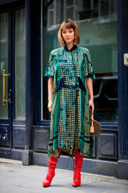 brown bag, checked, graphic bag, graphic dress, green dress, high boots, high heels, leather bag, leather shoes, louis vuitton, monogram, plaid, printed bag, printed dress, red boots, street style, jonathan paciullo, FW, frenchystyle, fashion week, PFW, PARIS, AUTUMN WINTER 2018-2019, FALL WINTER 2018-2019, FW 18-19, vertical, full length, kim c, kim jones