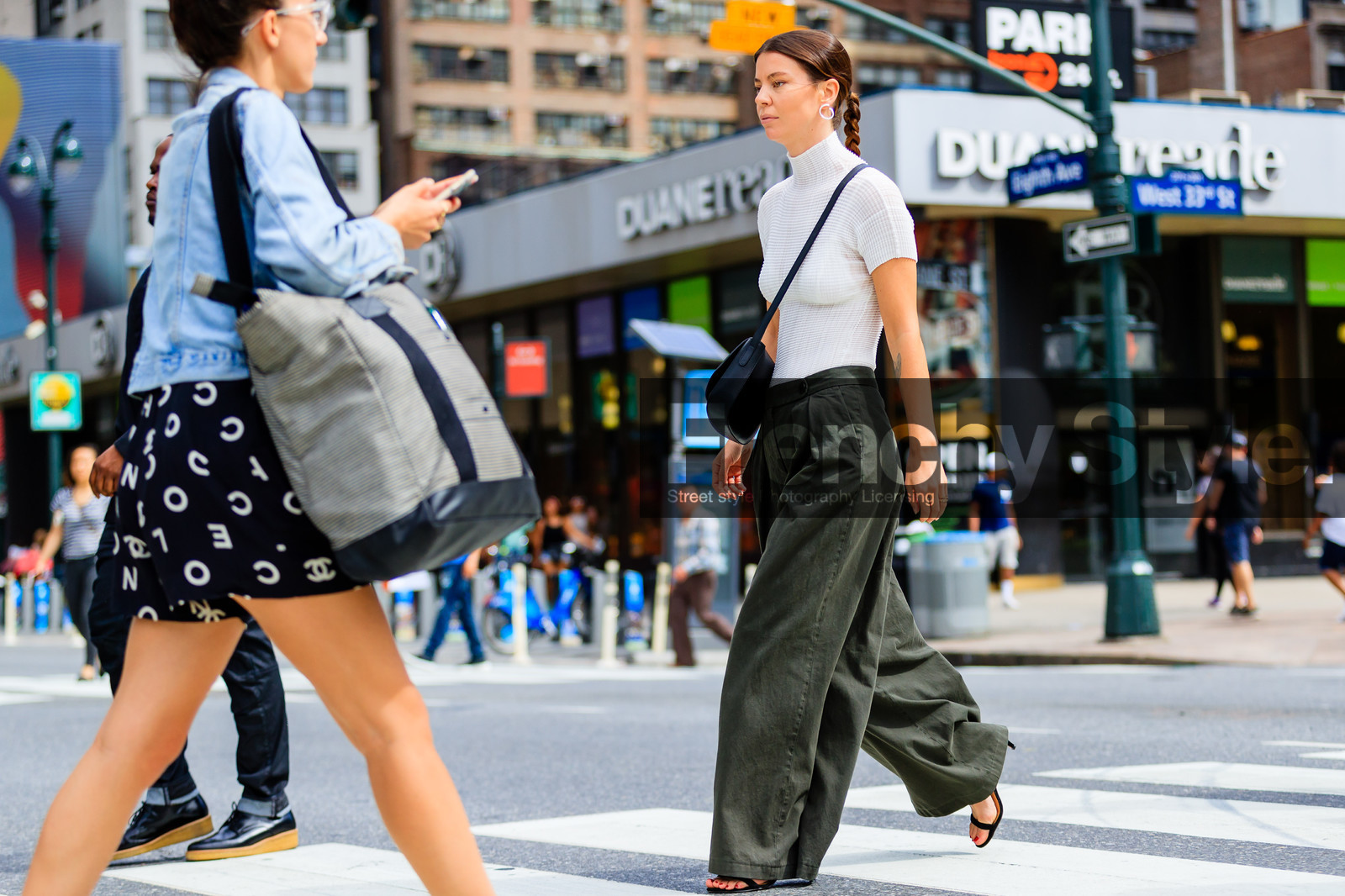 annina mislin, atmosphere details, black bag, braids, fashion week, frenchystyle, full length, FW, green pants, horizontal, jonathan paciullo, leather bag, NEW YORK, NYFW, SPRING SUMMER 2017, SS 17, street style, trousers, white top, wide pants, woman