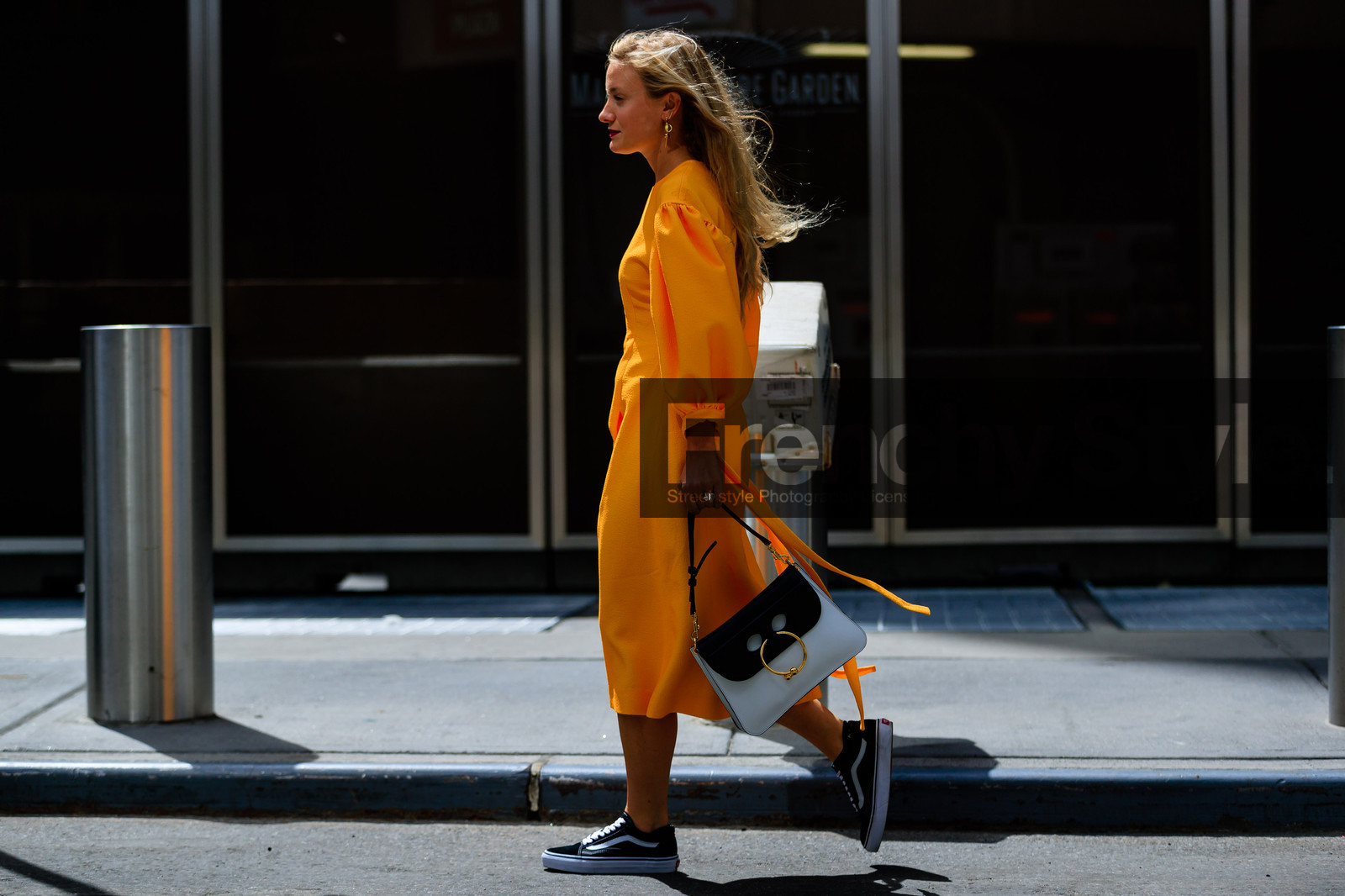 atmosphere details, black and white bag, black sneakers, fashion week, frenchystyle, full length, FW, horizontal, jonathan paciullo, jw anderson, kate foley, leather bag, NEW YORK, NYFW, orange dress, SPRING SUMMER 2017, SS 17, street style, vans, woman