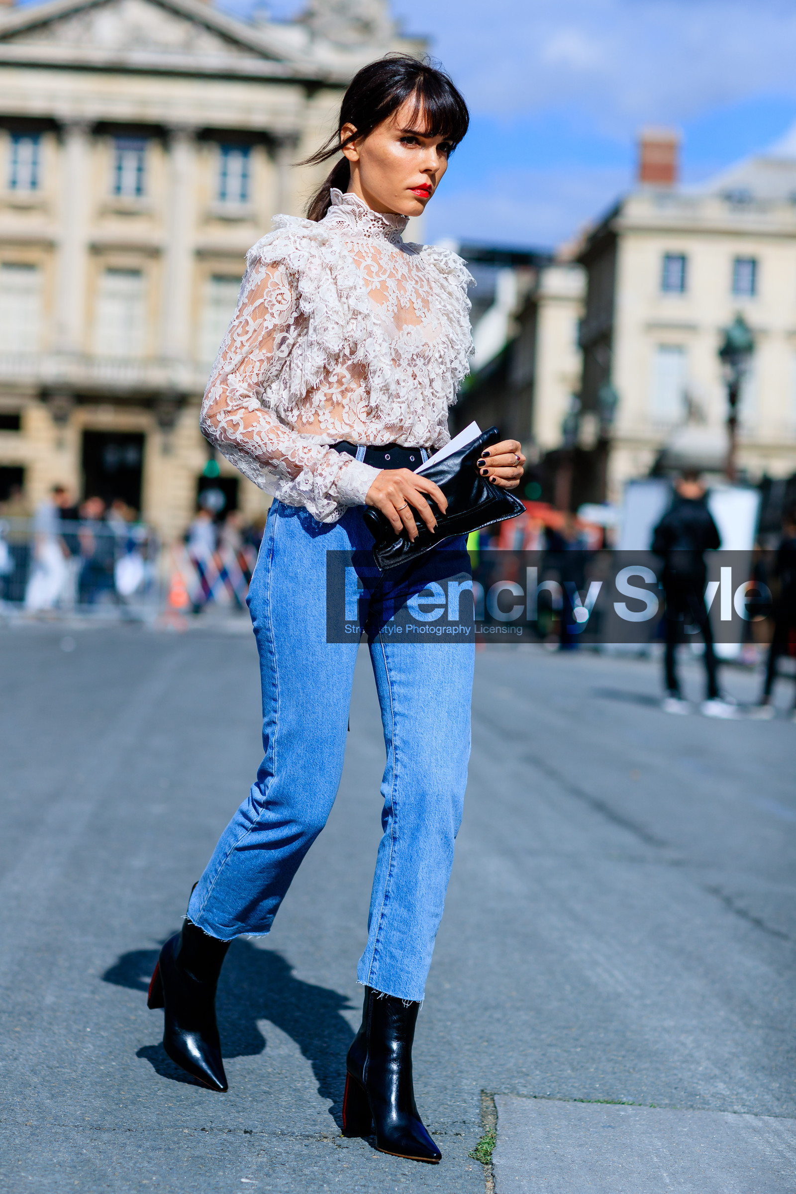 black bag, black belt, black boots, blue denim, denim pants, Evangelie Smyrniotaki, fashion week, frenchystyle, full length, FW, high heels, jeans, jonathan paciullo, lace top, leather bag, leather shoes, PARIS, PFW, SPRING SUMMER 2017, SS 17, street style, trousers, vertical, white top
