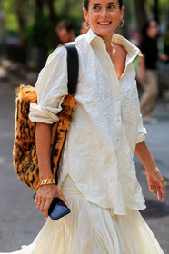 bracelet, brown bag, fur bag, Lucy Chadwick, white shirt, white skirt, street style, jonathan paciullo, FW, frenchystyle, fashion week, NEW YORK, NYFW, SPRING SUMMER 2020, SS 20, vertical, detail, atmosphere details