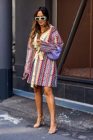 belted jacket, blue sunglasses, bottega veneta bag, color, colorful, colorful jacket, gucci sunglasses, leather bag, missoni look, print, printed jacket, purple bag, strass, sunglasses, yellow mules, fashion week, frenchystyle, FW, jonathan paciullo, street style, SPRING SUMMER 2022, SS 22, MFW, MILAN, vertical, full length