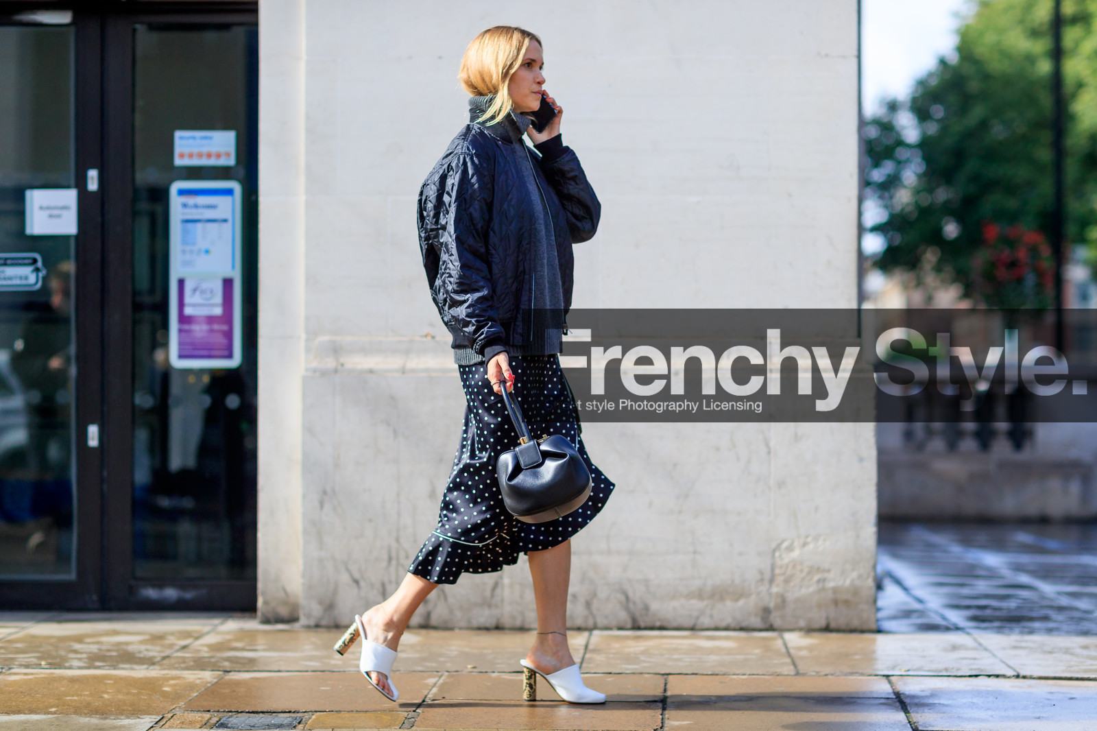 atmosphere details, black bag, black jacket, black skirt, bomber jacket, comme des garçons, céline, fashion week, frenchystyle, full length, FW, graphic skirt, high heels, horizontal, jonathan paciullo, leather bag, leather shoes, LFW, LONDON, pernille teisbaek, polka dot, printed skirt, SPRING SUMMER 2018, SS 18, street style, white shoes