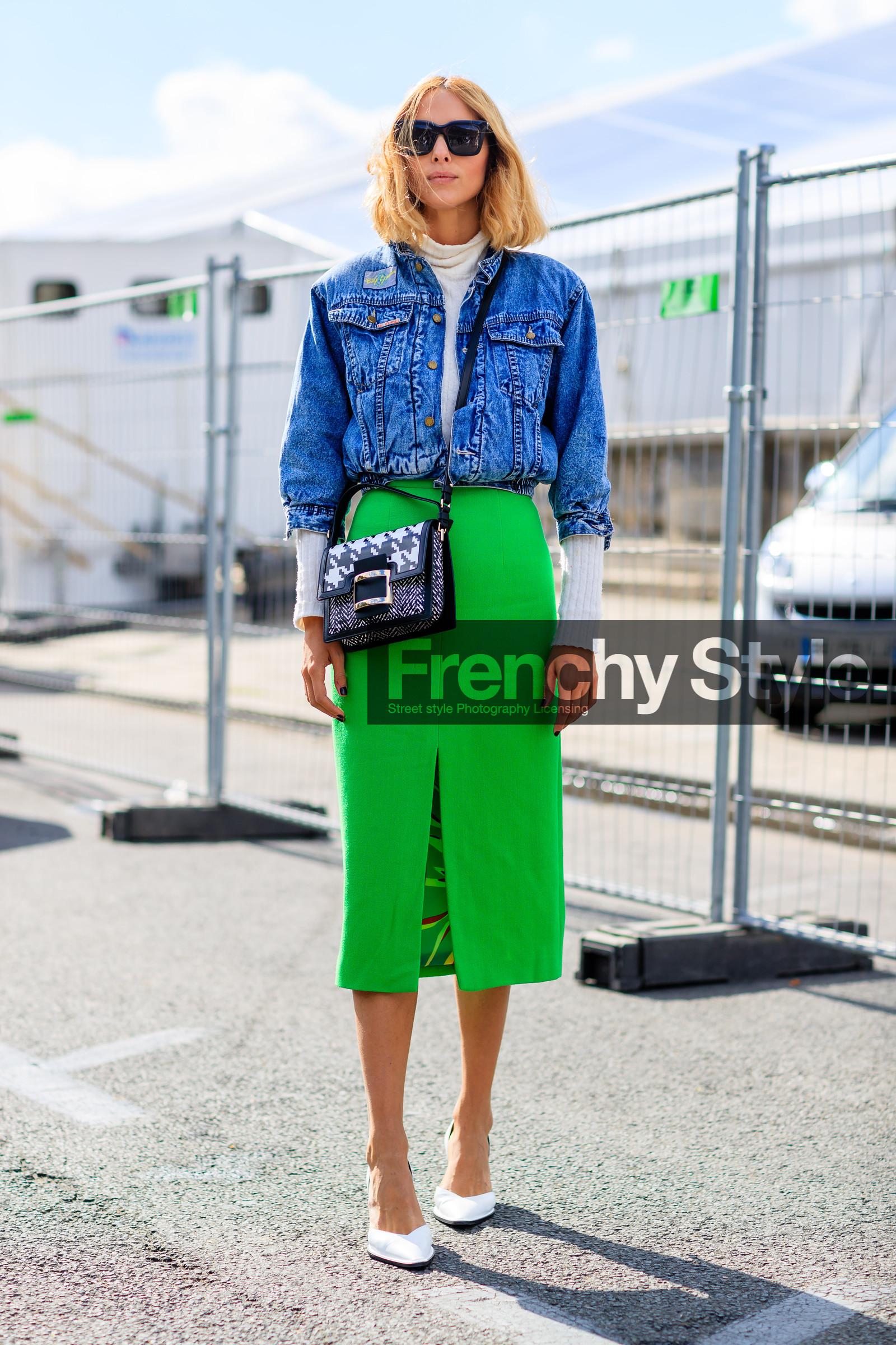 blue denim, candela novembre, denim jacket, fashion week, frenchystyle, full length, FW, green skirt, jonathan paciullo, leather bag, leather shoes, PARIS, PFW, SPRING SUMMER 2017, SS 17, street style, sunglasses, vertical, white shoes, white sweater