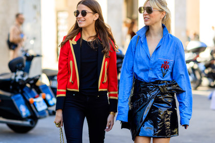 amanda weiner, atmosphere details, black denim, black skirt, blue shirt, denim pants, detail, embroidered jacket, embroidered shirt, fashion week, flower, frenchystyle, FW, golden details, horizontal, jeans, jonathan paciullo, kerry pieri, leather skirt, PARIS, PFW, red jacket, SPRING SUMMER 2017, SS 17, street style, sunglasses, trousers, varnished leather