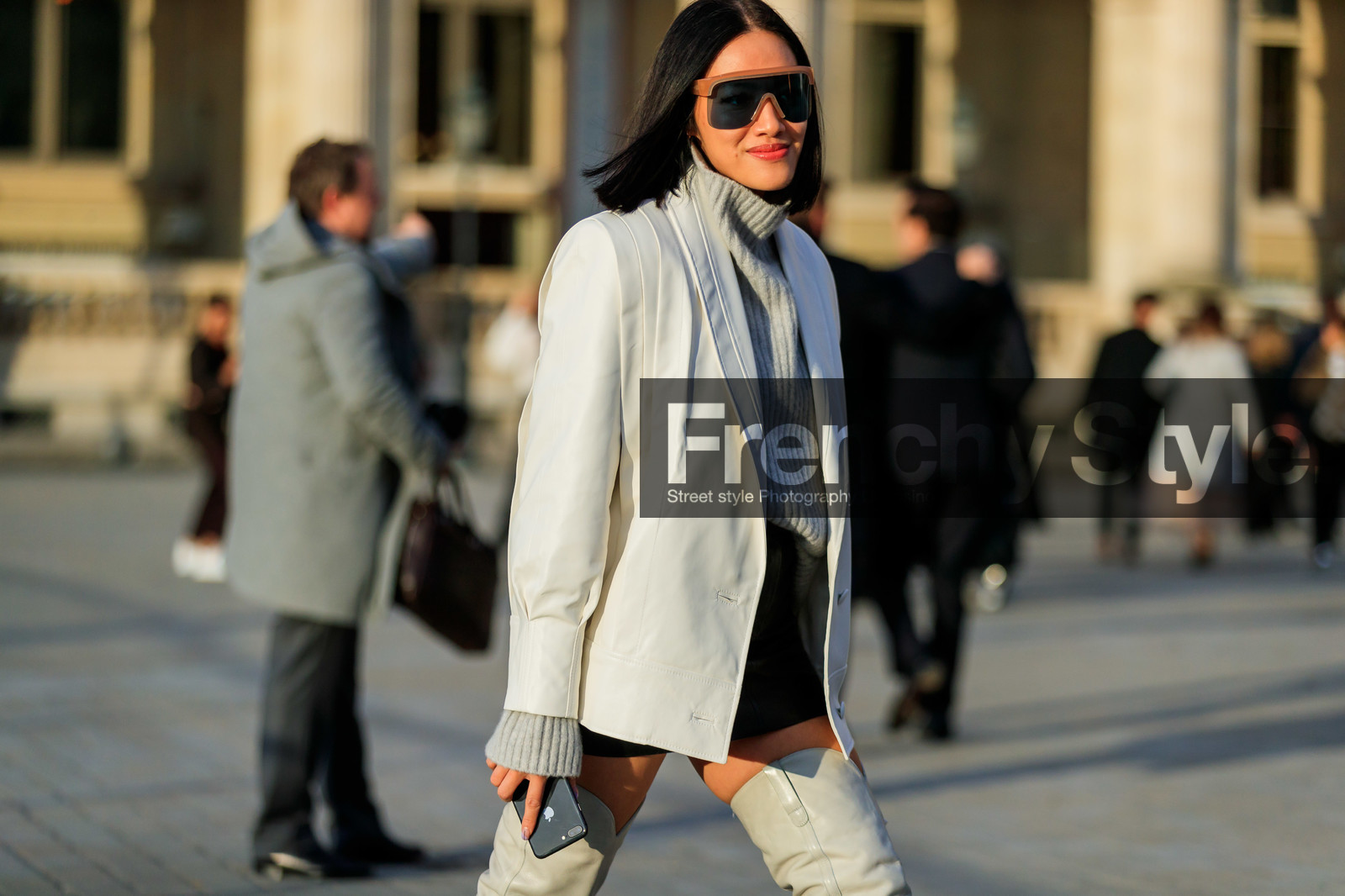 black skirt, eva chen, grey sweater, high boots, leather shoes, sunglasses, white jacket, white shoes, PARIS, PFW, street style, jonathan paciullo, FW, frenchystyle, fashion week, AUTUMN WINTER 2019-2020, AW 19-20, FALL WINTER 2019-2020, FW 19-20, horizontal, atmosphere details, detail