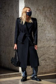 camille charriere, black coat, navy blue coat, black polish bag, polish bag, quilted bag, chanel bag, black leather loafers, golden buckle shoes, roger vivier shoes, covid face mask, louis vuitton, monogramme, fashion week, frenchystyle, FW, jonathan paciullo, street style, PFW, PARIS, SPRING SUMMER 2021, SS 21, vertical, full length