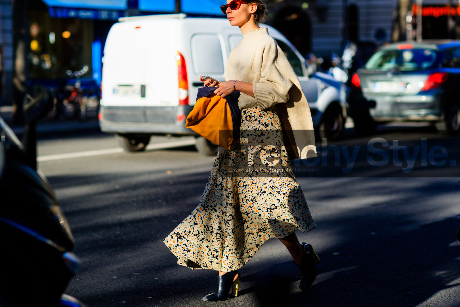atmosphere details, beige knit, black shoes, céline, detail, fashion week, floral, flower, flowers, frenchystyle, FW, high heels, horizontal, irina lakicevic, jonathan paciullo, leather bag, leather shoes, orange bag, PARIS, PFW, printed skirt, SPRING SUMMER 2017, SS 17, street style, sunglasses, tucked in, white skirt