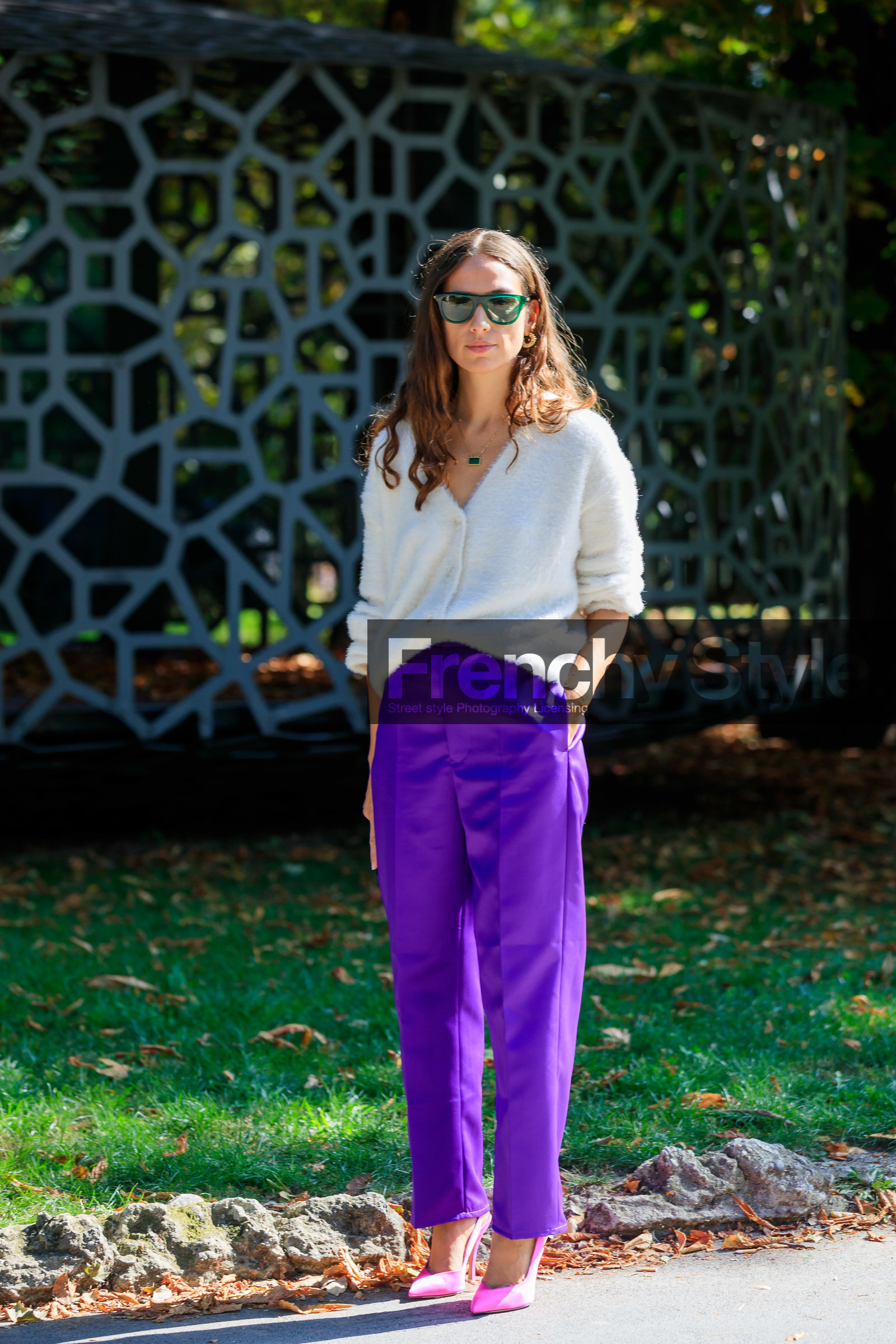 erika boldrin, green sunglasses, white cardigan, purple pants, tailored pants, pink shoes, fashion week, frenchystyle, FW, jonathan paciullo, street style, vertical, full length, MFW, MILAN, SPRING SUMMER 2020, SS 20