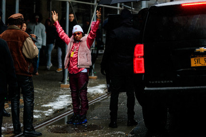 black sneakers, leather pants, leather shoes, necklace, pink jacket, pink shirt, red pants, sleeveless, trousers, white beanie, street style, jonathan paciullo, frenchystyle, NYFW, NEW YORK, AUTUMN WINTER 2019-2020, AW 19-20, FALL WINTER 2019-2020, FW 19-20, FW, fashion week, atmosphere details, horizontal, full length