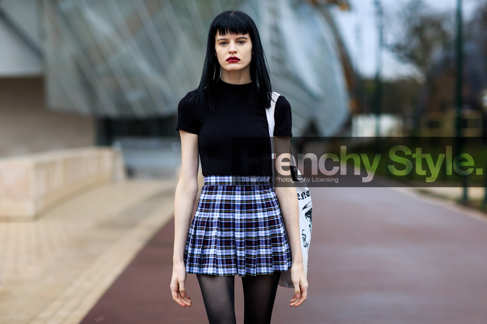 atmosphere details, AUTUMN WINTER 2016-2017, AW 16-17, black top, black turtleneck, checked skirt, detail, FALL WINTER 2016-2017, fashion week, frenchystyle, FW, FW 16-17, graphic skirt, hannah elyse, high socks, horizontal, jonathan paciullo, model, PARIS, PFW, plaid, printed skirt, red lips, street style, striped skirt, tartan, tights, tote bag