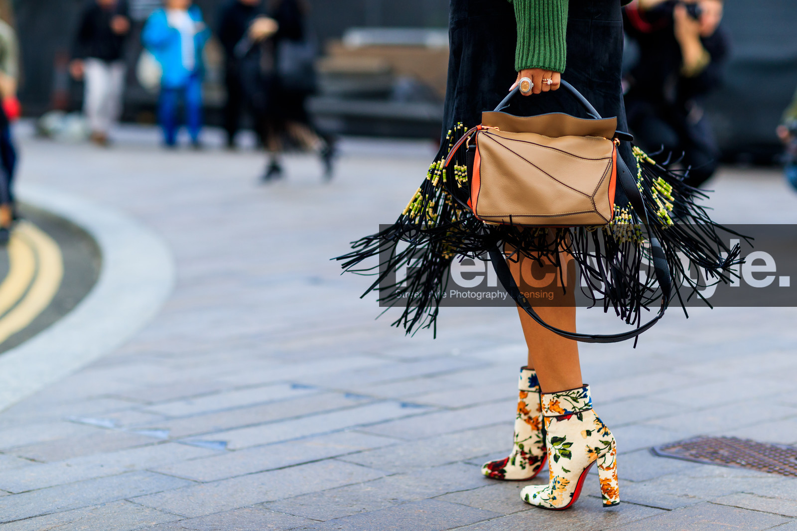 atmosphere details, black skirt, brown bag, camel, detail, embroideries, fashion week, floral, flowers, frenchystyle, fringes, FW, graphic bag, graphic shoes, green sweater, high heels, horizontal, jonathan paciullo, leather bag, leather shoes, leather skirt, LFW, loewe, LONDON, nina suess, printed bag, printed boots, SPRING SUMMER 2018, SS 18, street style